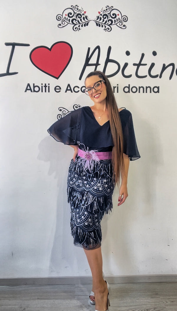 Abito bezz blu frange paill