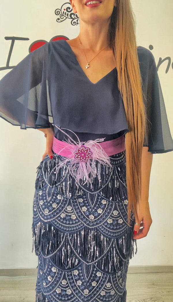 Abito bezz blu frange paill