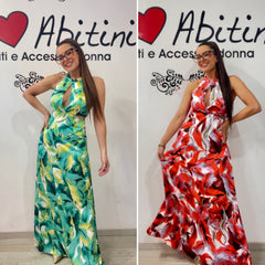Abito bezz fantasia verde e rosso