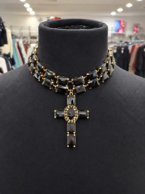 Collana nera, croce Strass