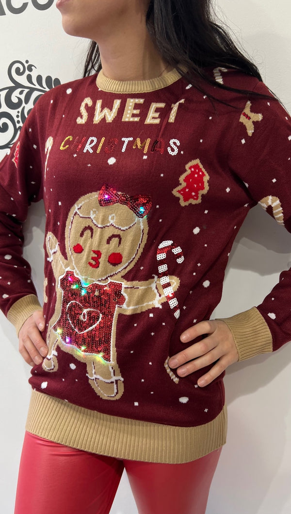 Maglione Natale luci led donna cute cookie woman