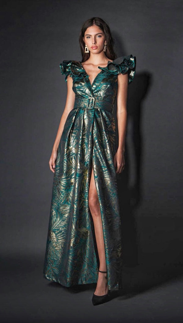 Abito bezz fiori oro fondo verde